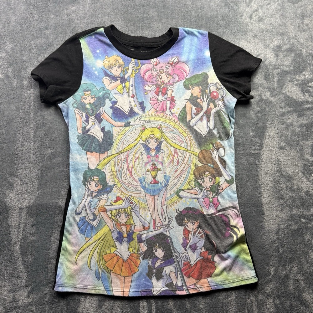 Sailor Moon Ten Sailors Sublimation Graphic Tee Shirt Black Girls Medium